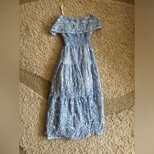 Elan Blue and White Smocked Off-the-Shoulder Maxi Sundress